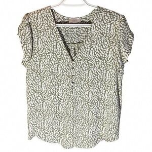 LOFT Olive and White Leaf Pattern Blouse